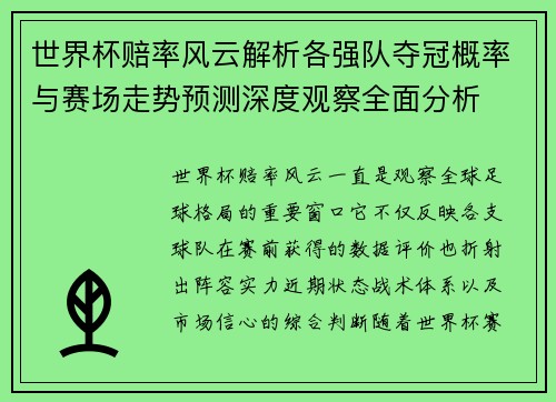 世界杯赔率风云解析各强队夺冠概率与赛场走势预测深度观察全面分析